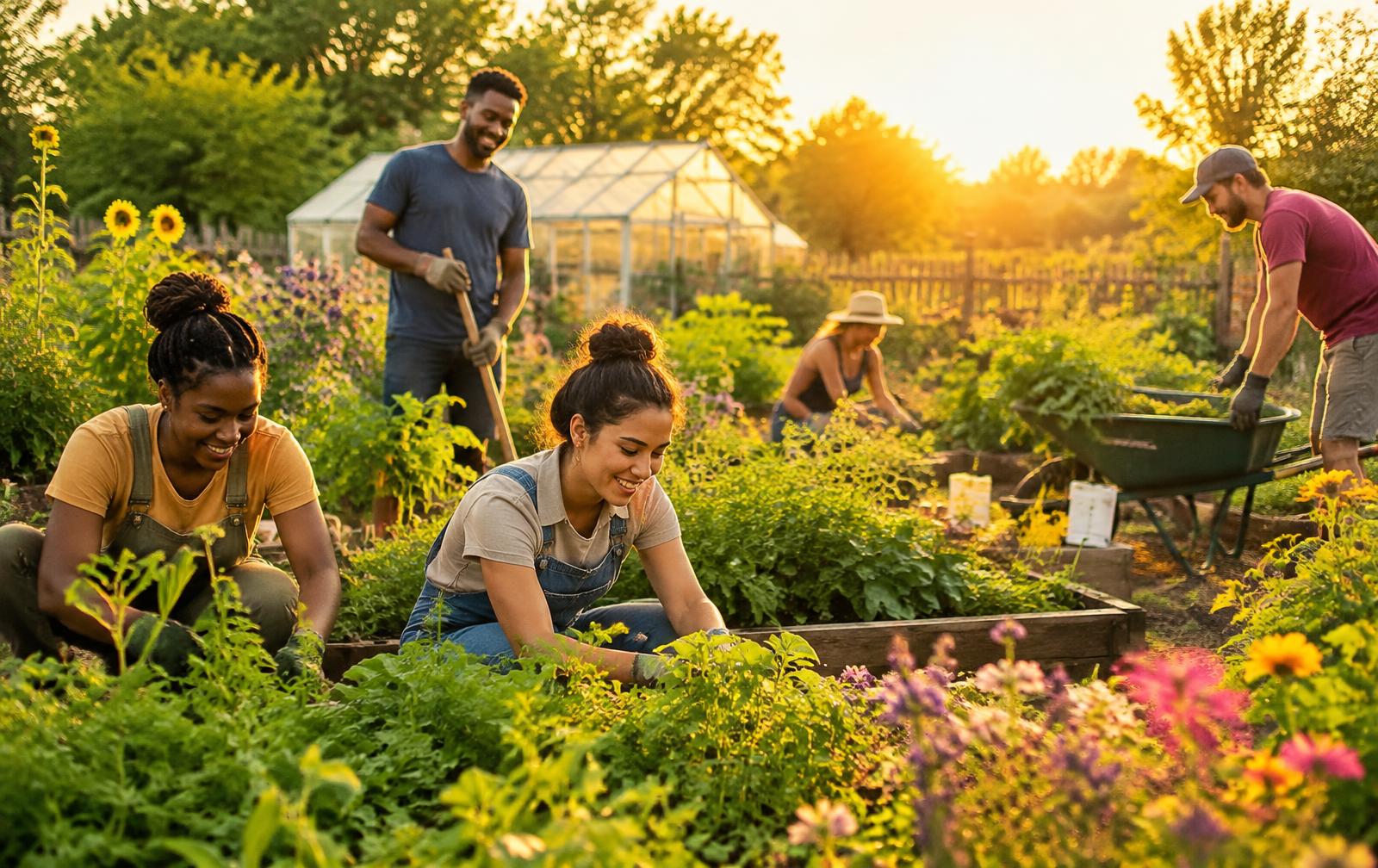 People gardening together in a flourishing community garden at sunset
