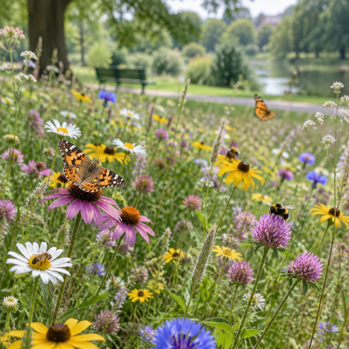 Wildflower meadow with butterflies and bees