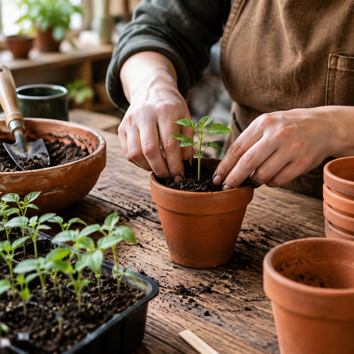 Hands potting a seedling in a terracotta pot